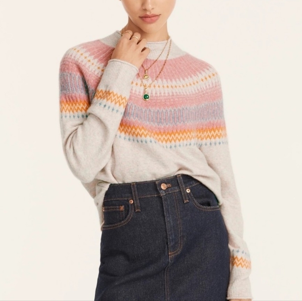 J. Crew Pink Orange Merino Wool Alpaca Supersoft Yarn Fair Isle Rollneck Sweater
